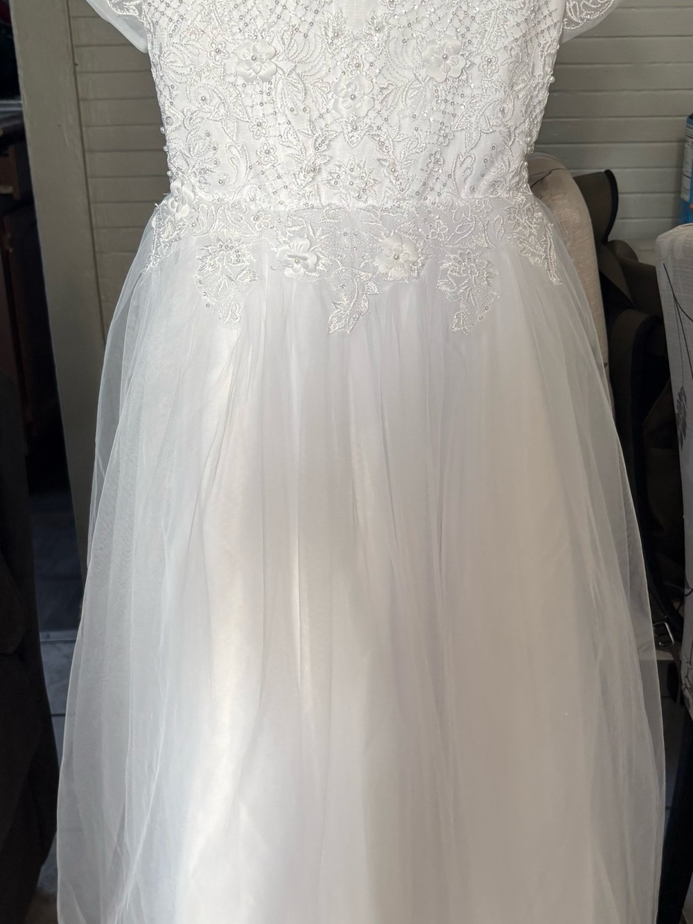 White Lace & Tulle Kids Dress with Floral Embroidery